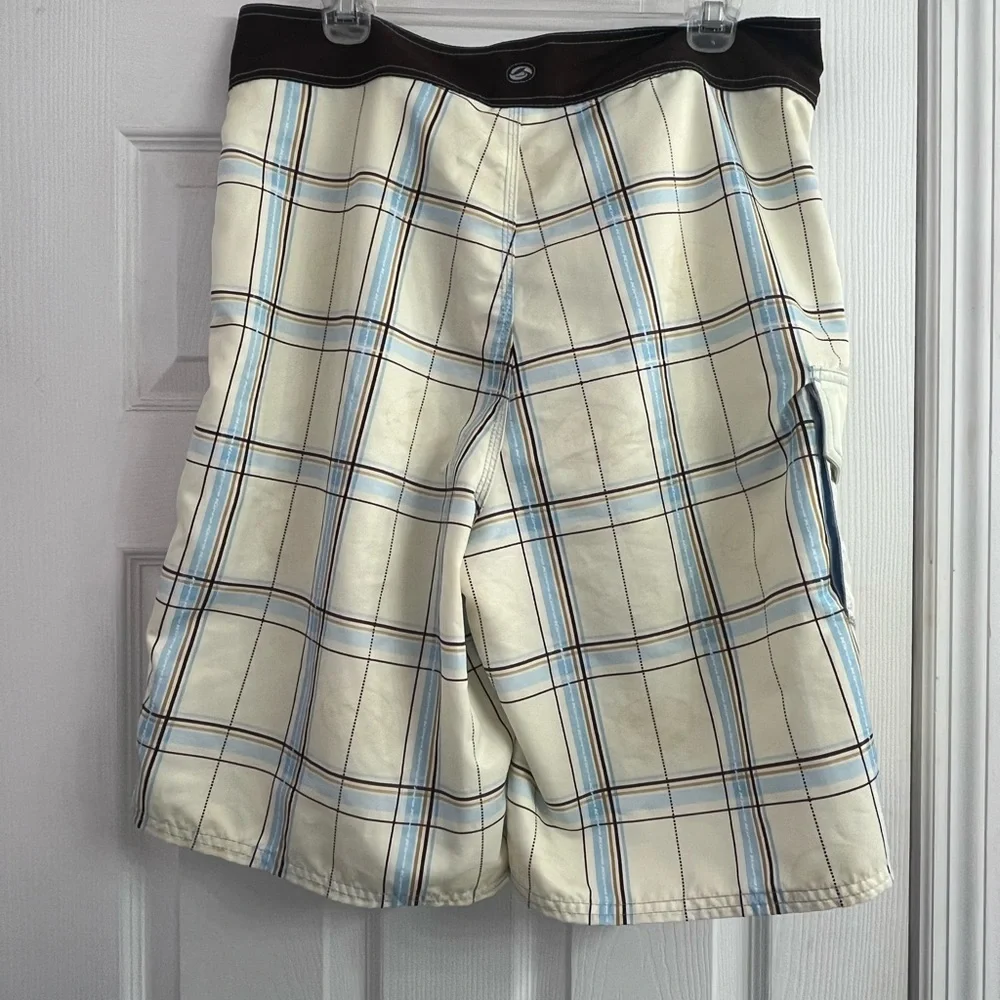 Kirra Men’s Board Shorts Yellow Checkered Pattern Brown Border Drawstring 34 - Picture 10 of 10